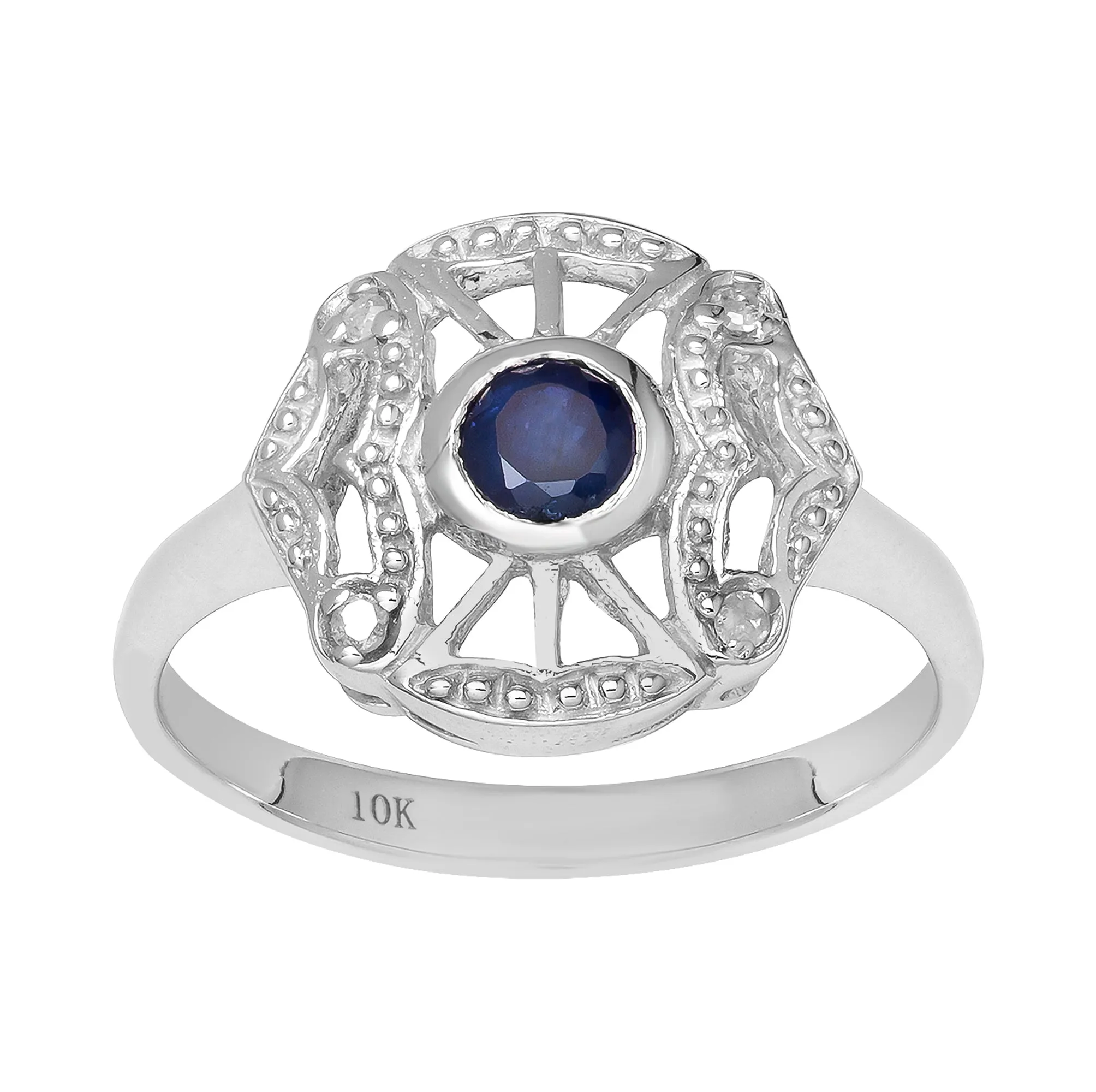 10k White Gold Vintage Style Genuine Round Sapphire and Diamond Accent Ring