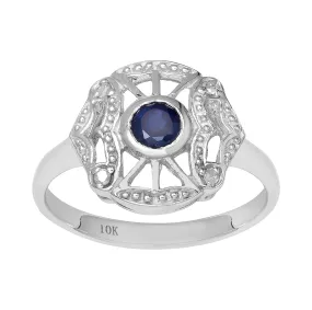 10k White Gold Vintage Style Genuine Round Sapphire and Diamond Accent Ring