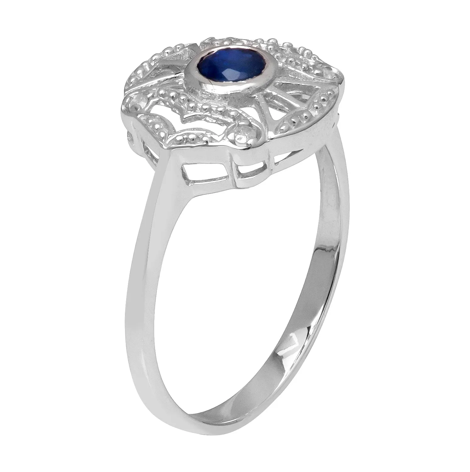 10k White Gold Vintage Style Genuine Round Sapphire and Diamond Accent Ring