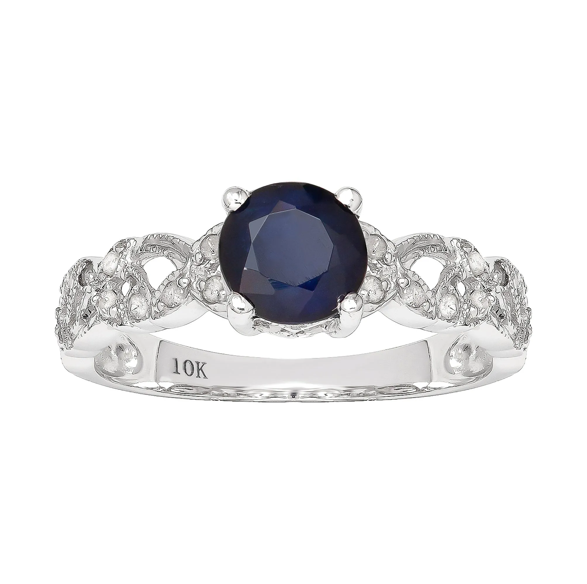 10k White Gold Vintage Style Genuine Round Sapphire and Diamond Filigree Ring