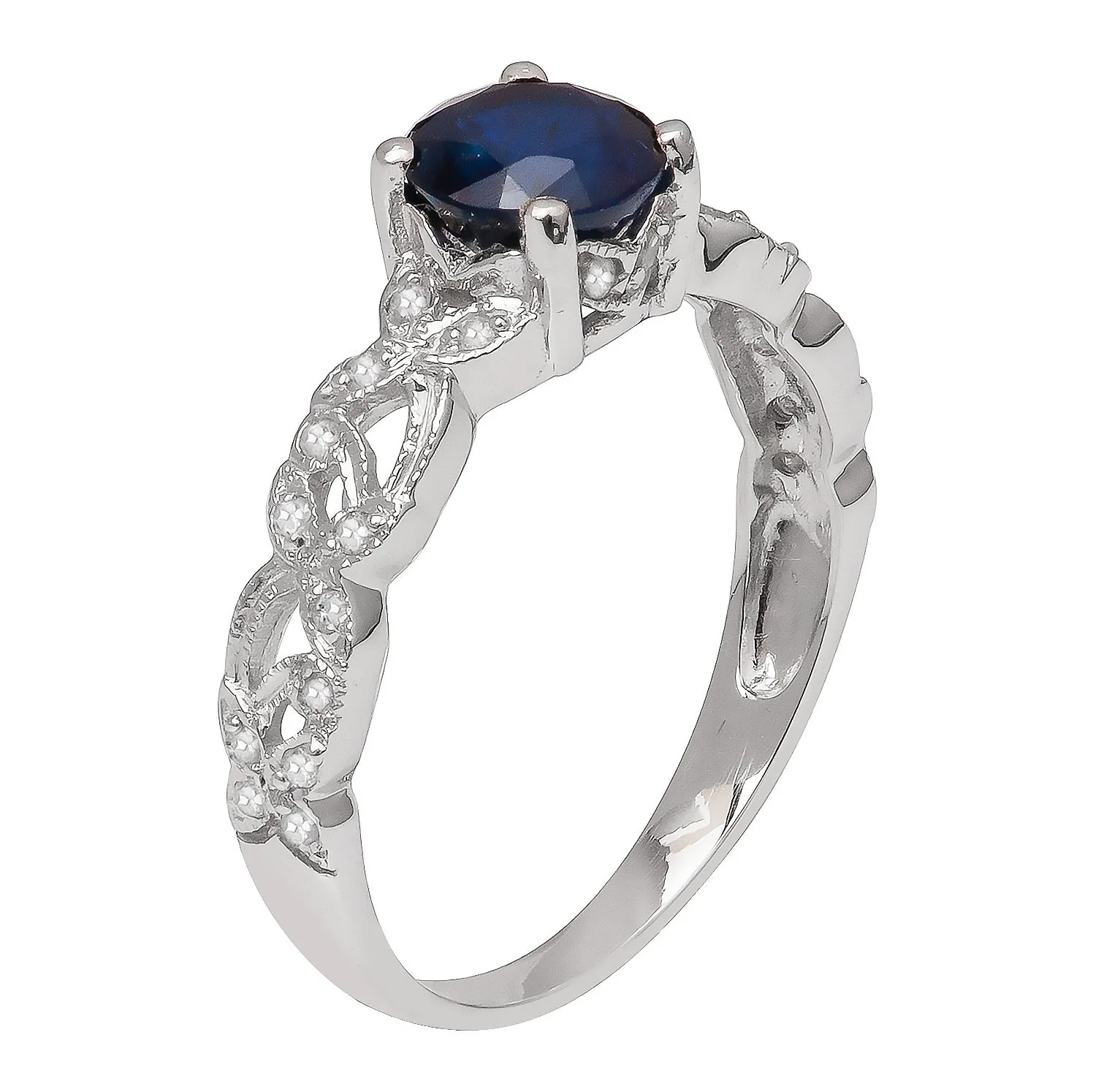 10k White Gold Vintage Style Genuine Round Sapphire and Diamond Filigree Ring