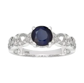 10k White Gold Vintage Style Genuine Round Sapphire and Diamond Filigree Ring