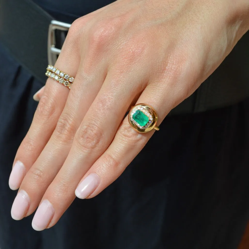 1.13ct Emerald Diamond 18K Gold Button Signet Ring