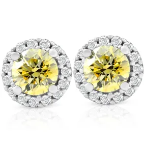 1/2 Ct Halo Fancy Canary Yellow Lab Grown Diamond Studs 10k White Gold Earrings