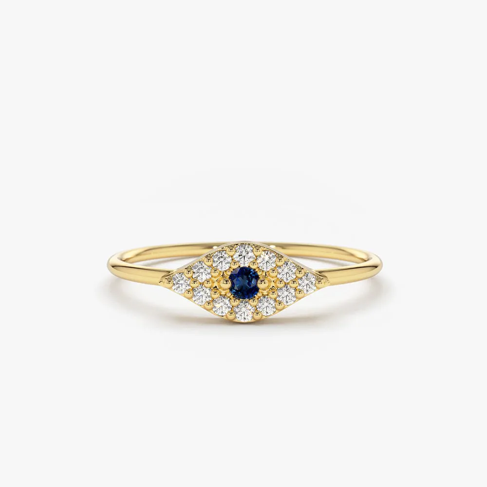 14K Gold Diamond and Sapphire Evil Eye Ring