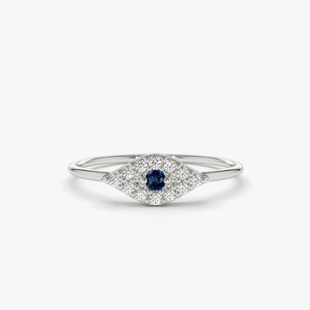 14K Gold Diamond and Sapphire Evil Eye Ring