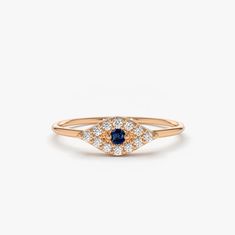 14K Gold Diamond and Sapphire Evil Eye Ring