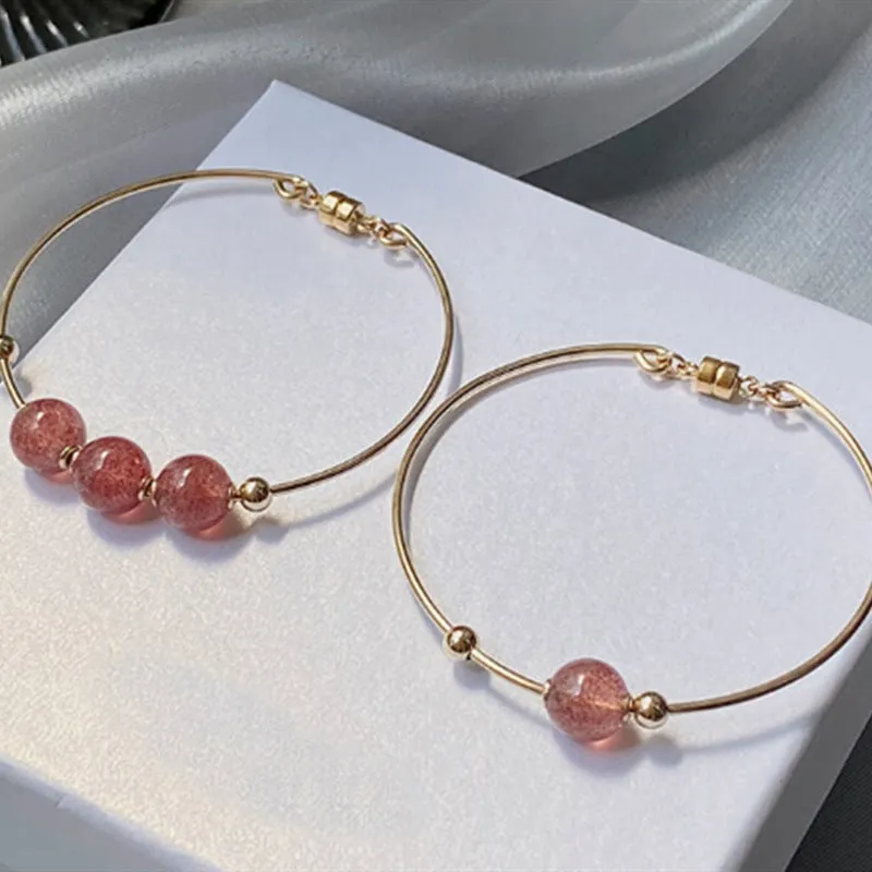 14K Gold Plated Womens Strawberry Quartz Crystal Bead Bracelet Bangle For Women