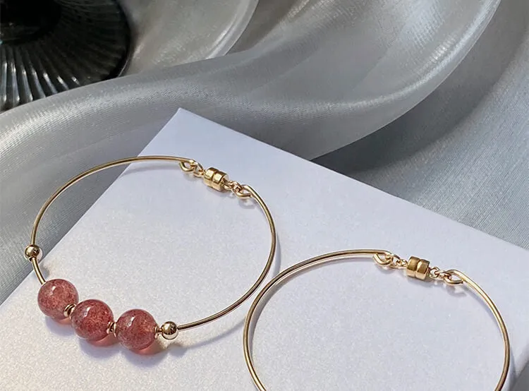 14K Gold Plated Womens Strawberry Quartz Crystal Bead Bracelet Bangle For Women