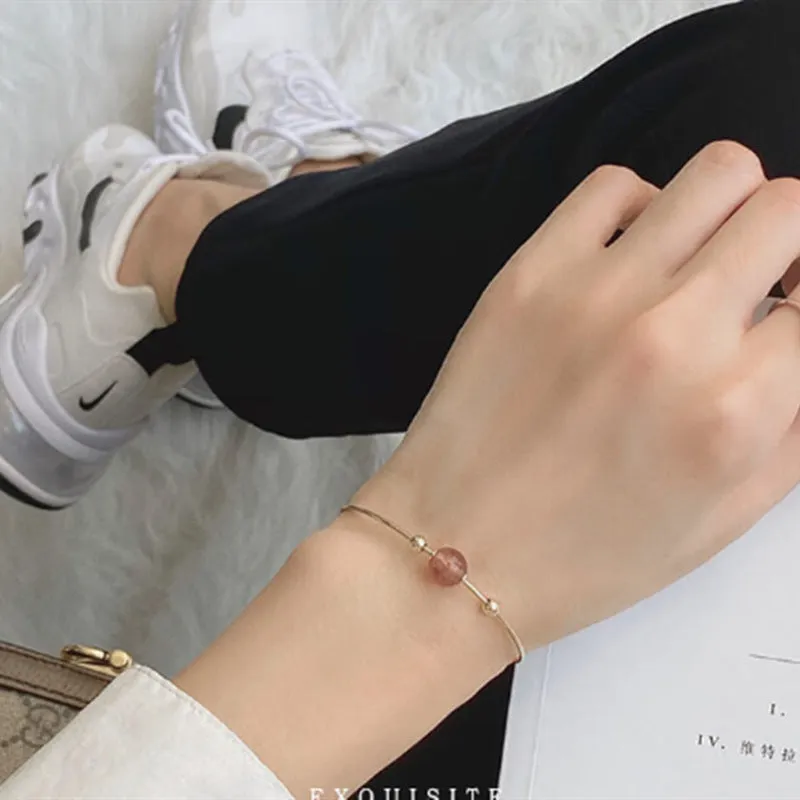 14K Gold Plated Womens Strawberry Quartz Crystal Bead Bracelet Bangle For Women