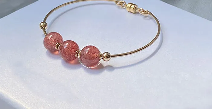 14K Gold Plated Womens Strawberry Quartz Crystal Bead Bracelet Bangle For Women
