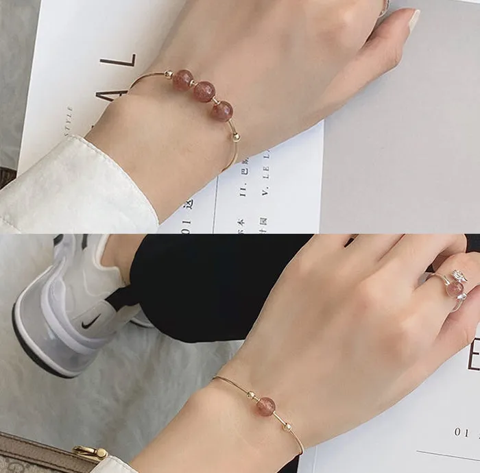 14K Gold Plated Womens Strawberry Quartz Crystal Bead Bracelet Bangle For Women