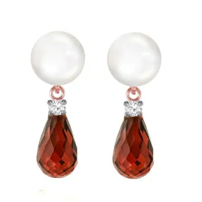 14K Solid Rose Gold Stud Earrings w/ Diamonds, Garnet & Pearls