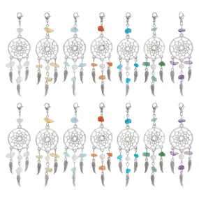 14Pcs 7 Style Natural Gemstone Chip Pendant Decoration, Alloy Woven Net/Web with Wing Hanging Ornament, with Natural Cultured Freshwater Pearl, 304 Stainless Steel Lobster Claw Clasps, 98~100mm, 2pcs/style