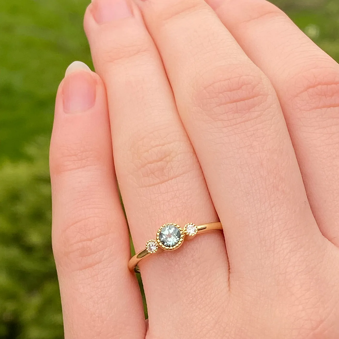18ct Gold Petite Teal Sapphire & Diamond Trilogy Engagement Ring