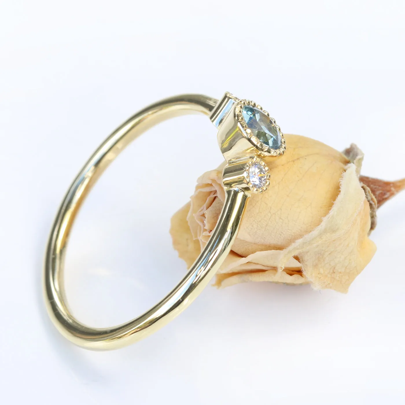 18ct Gold Petite Teal Sapphire & Diamond Trilogy Engagement Ring