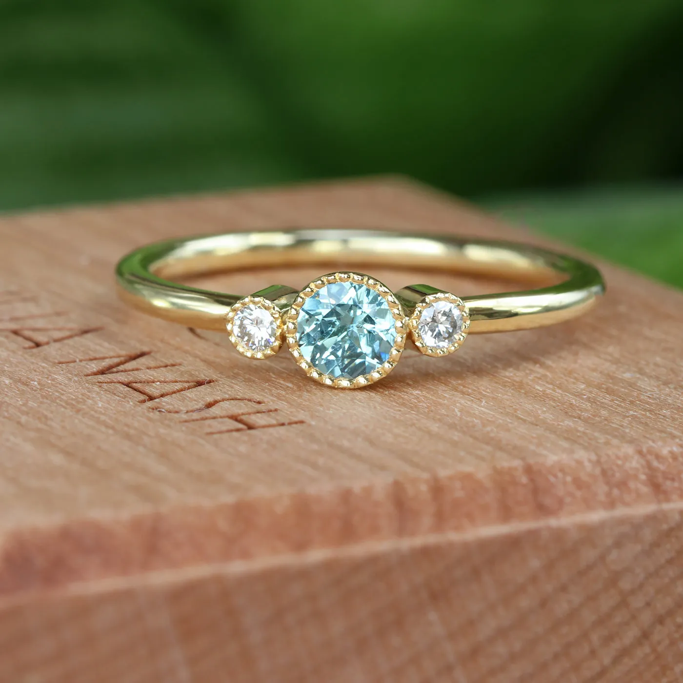 18ct Gold Petite Teal Sapphire & Diamond Trilogy Engagement Ring