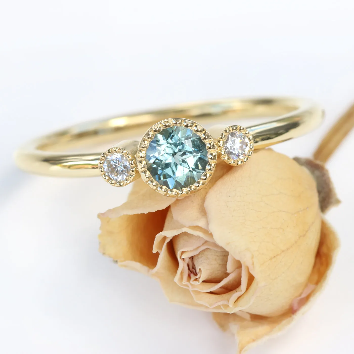 18ct Gold Petite Teal Sapphire & Diamond Trilogy Engagement Ring