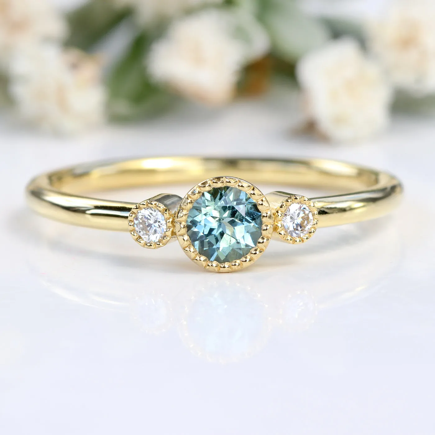 18ct Gold Petite Teal Sapphire & Diamond Trilogy Engagement Ring