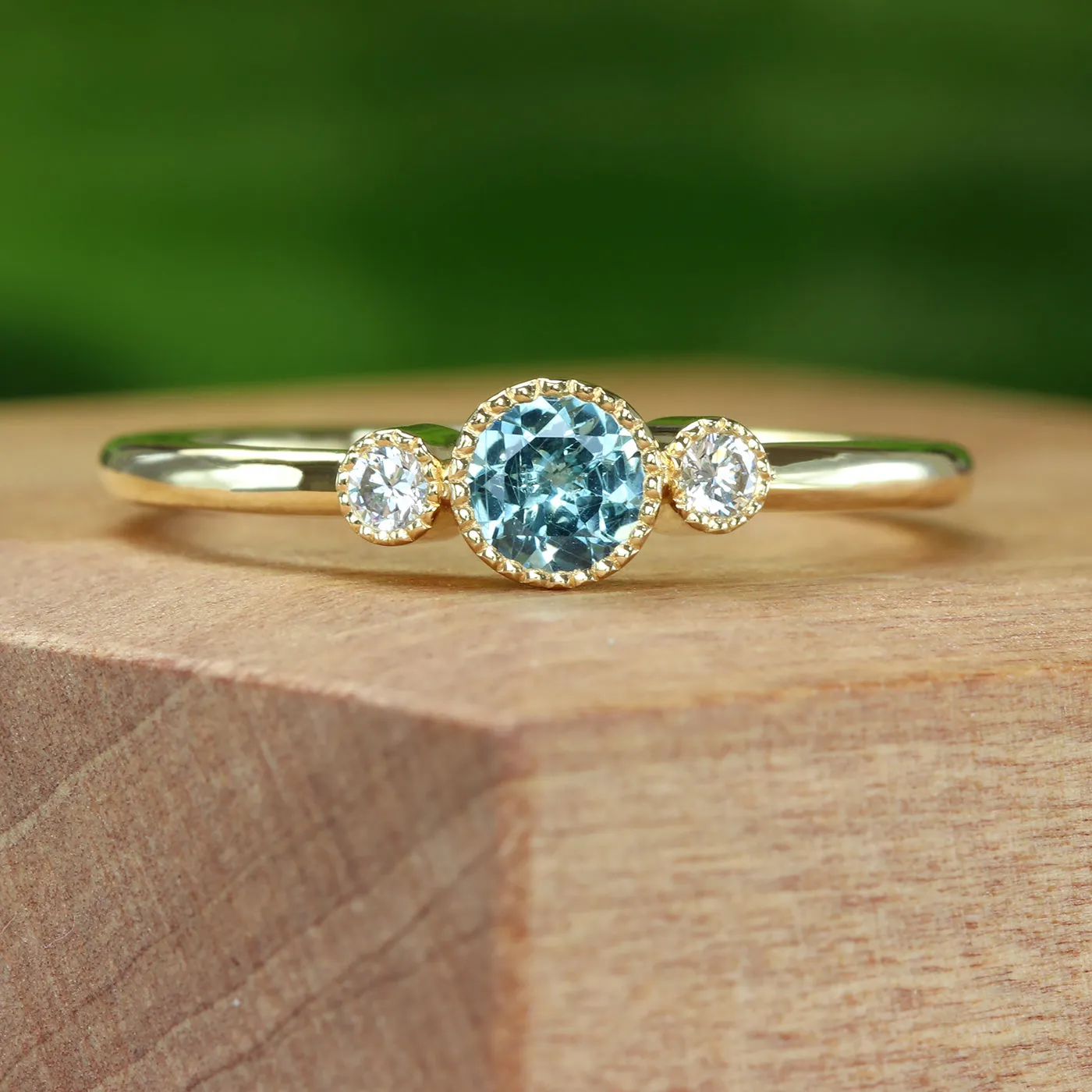 18ct Gold Petite Teal Sapphire & Diamond Trilogy Engagement Ring