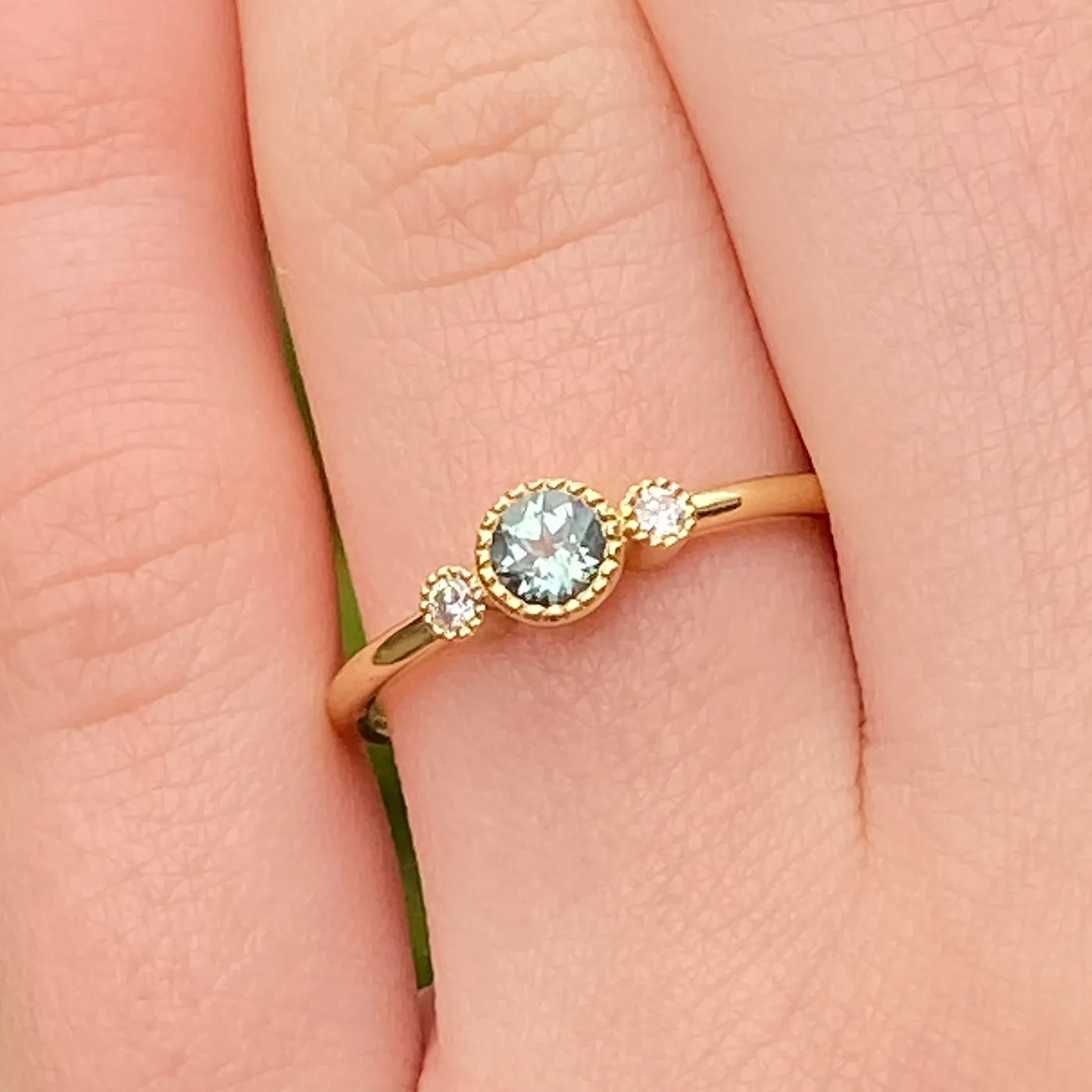 18ct Gold Petite Teal Sapphire & Diamond Trilogy Engagement Ring