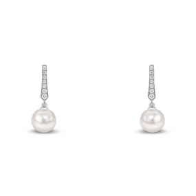 18ct White Gold Pearl and Diamond Pointed Bar Earrings