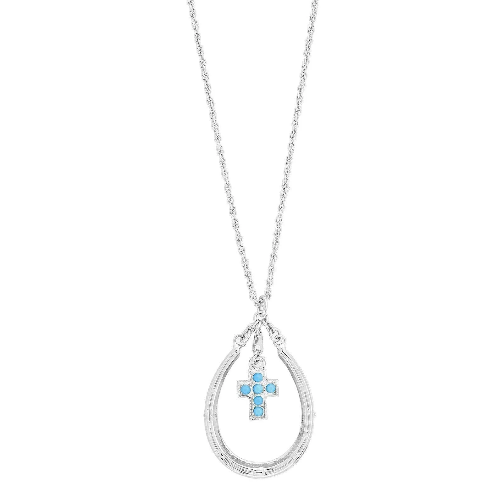 1928 Jewelry Southwest Turquoise Austrian Crystal Cross Horseshoe Pendant Necklace 16"   3" Extender