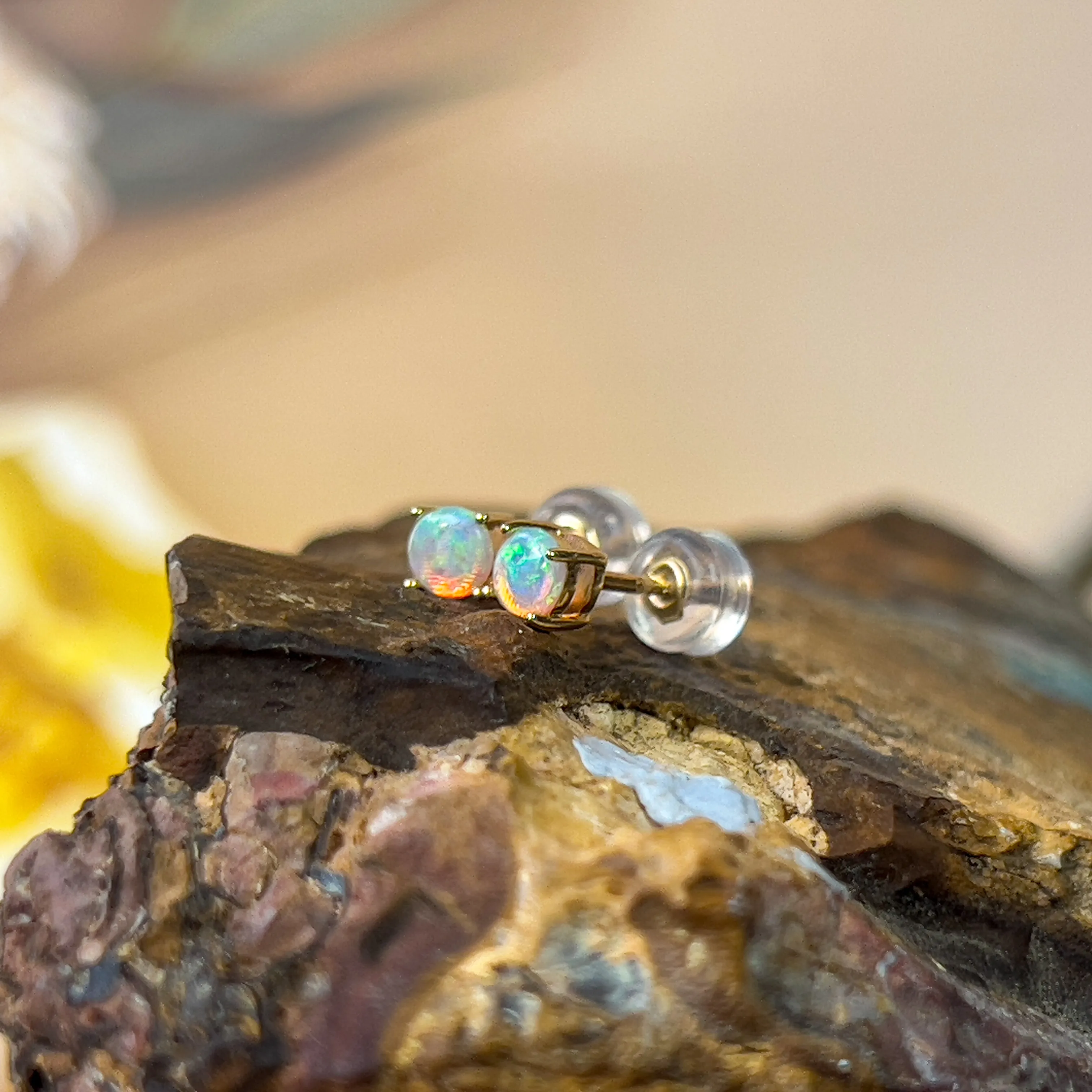 9KT Yellow Gold Crystal Opal Stud Earrings, 3.5mm, Dainty Handmade Jewelry, Cute Gift for Her, Birthstone Earrings