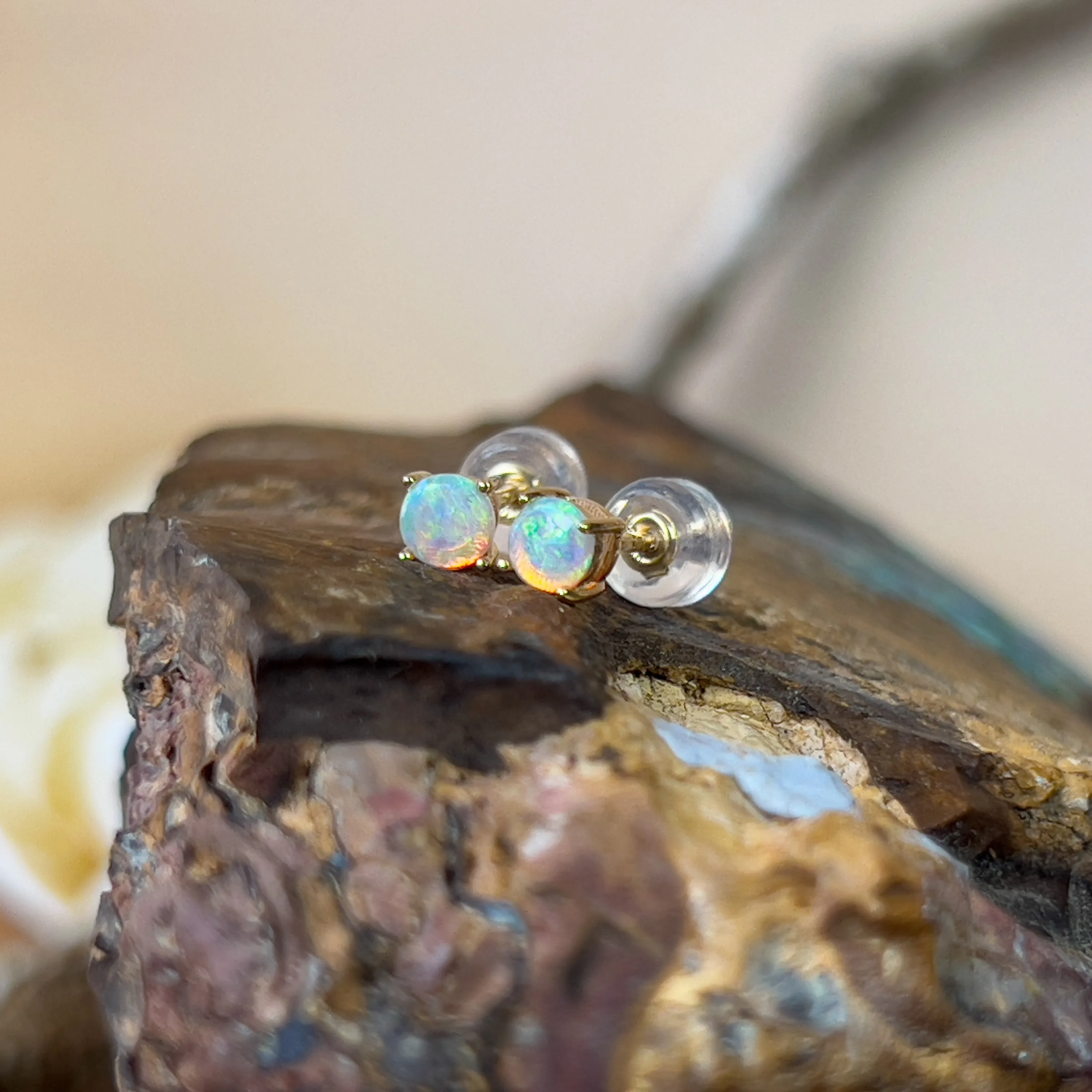 9KT Yellow Gold Crystal Opal Stud Earrings, 3.5mm, Dainty Handmade Jewelry, Cute Gift for Her, Birthstone Earrings
