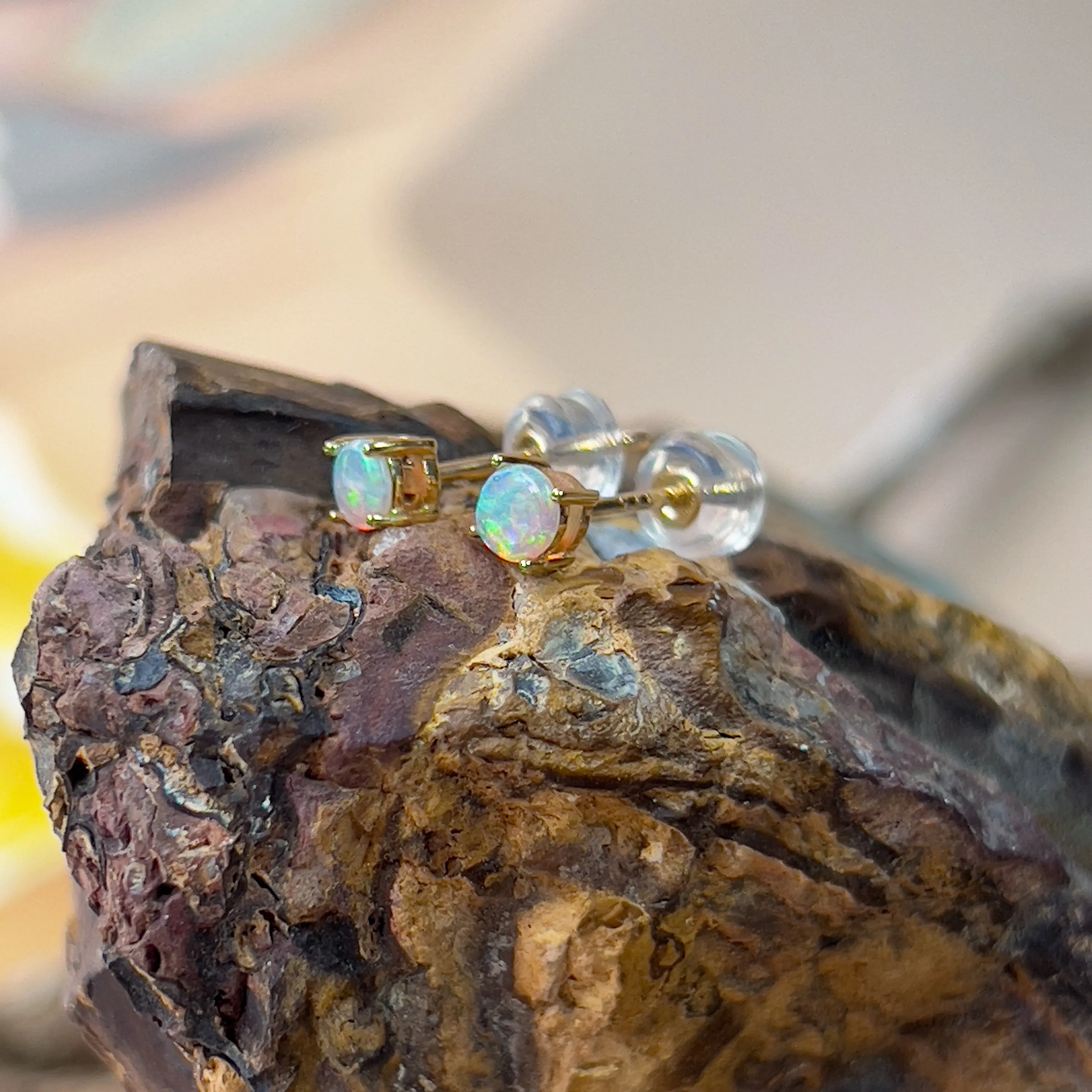 9KT Yellow Gold Crystal Opal Stud Earrings, 3.5mm, Dainty Handmade Jewelry, Cute Gift for Her, Birthstone Earrings
