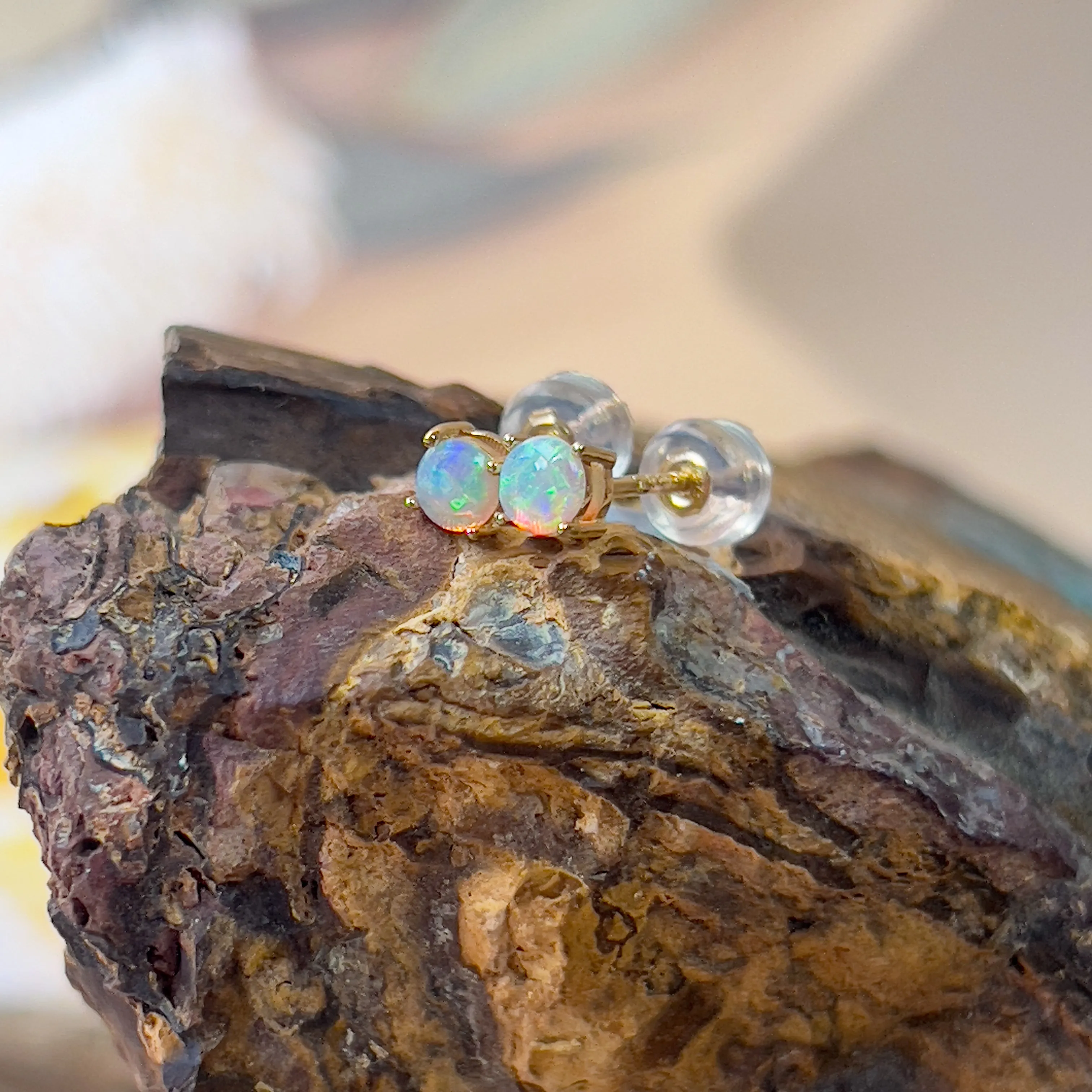 9KT Yellow Gold Crystal Opal Stud Earrings, 3.5mm, Dainty Handmade Jewelry, Cute Gift for Her, Birthstone Earrings