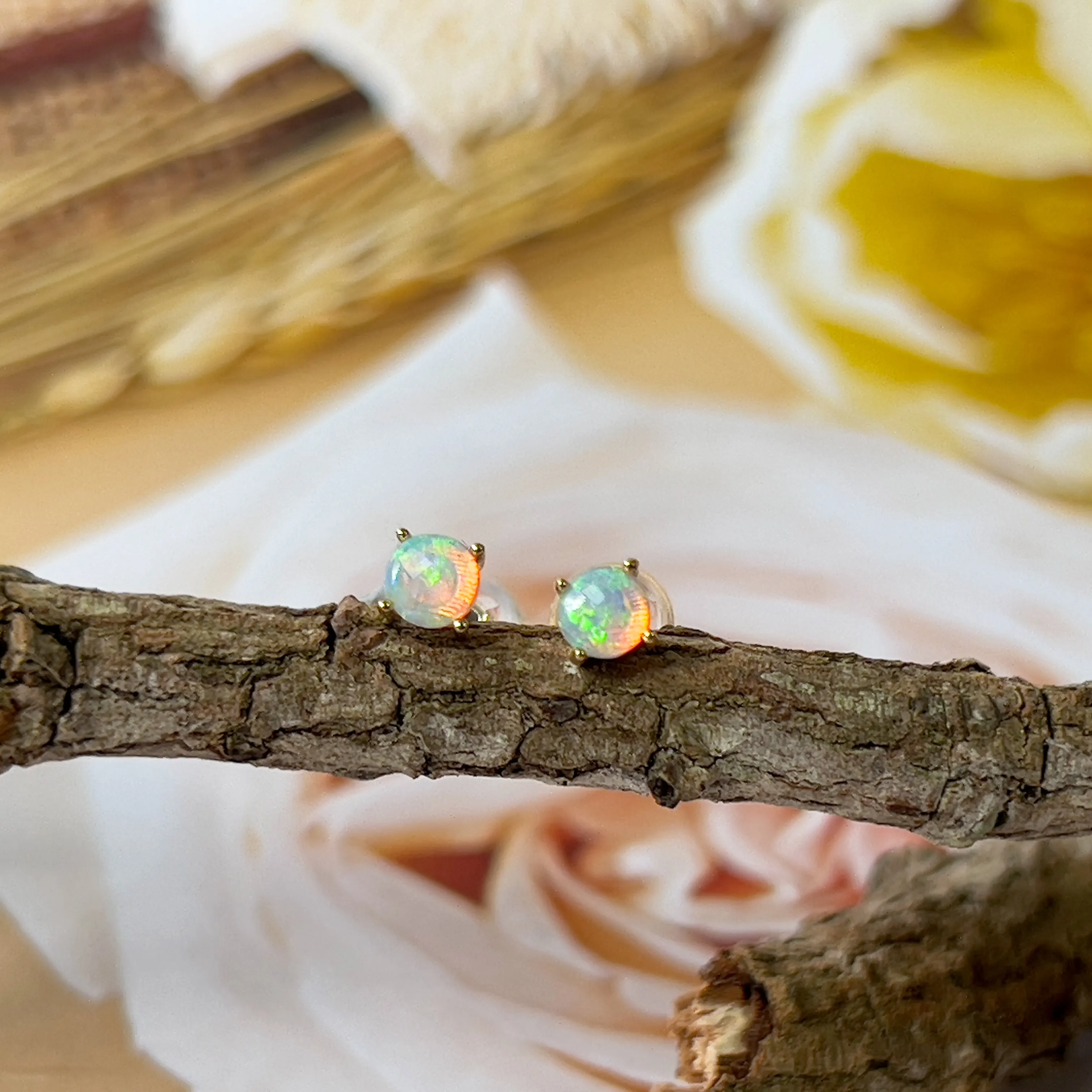 9KT Yellow Gold Crystal Opal Stud Earrings, 3.5mm, Dainty Handmade Jewelry, Cute Gift for Her, Birthstone Earrings