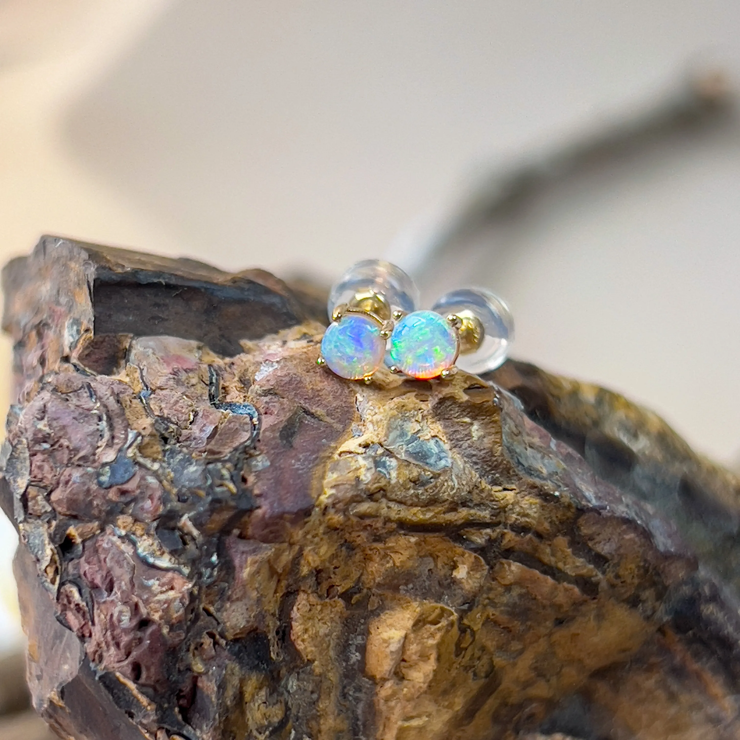 9KT Yellow Gold Crystal Opal Stud Earrings, 3.5mm, Dainty Handmade Jewelry, Cute Gift for Her, Birthstone Earrings