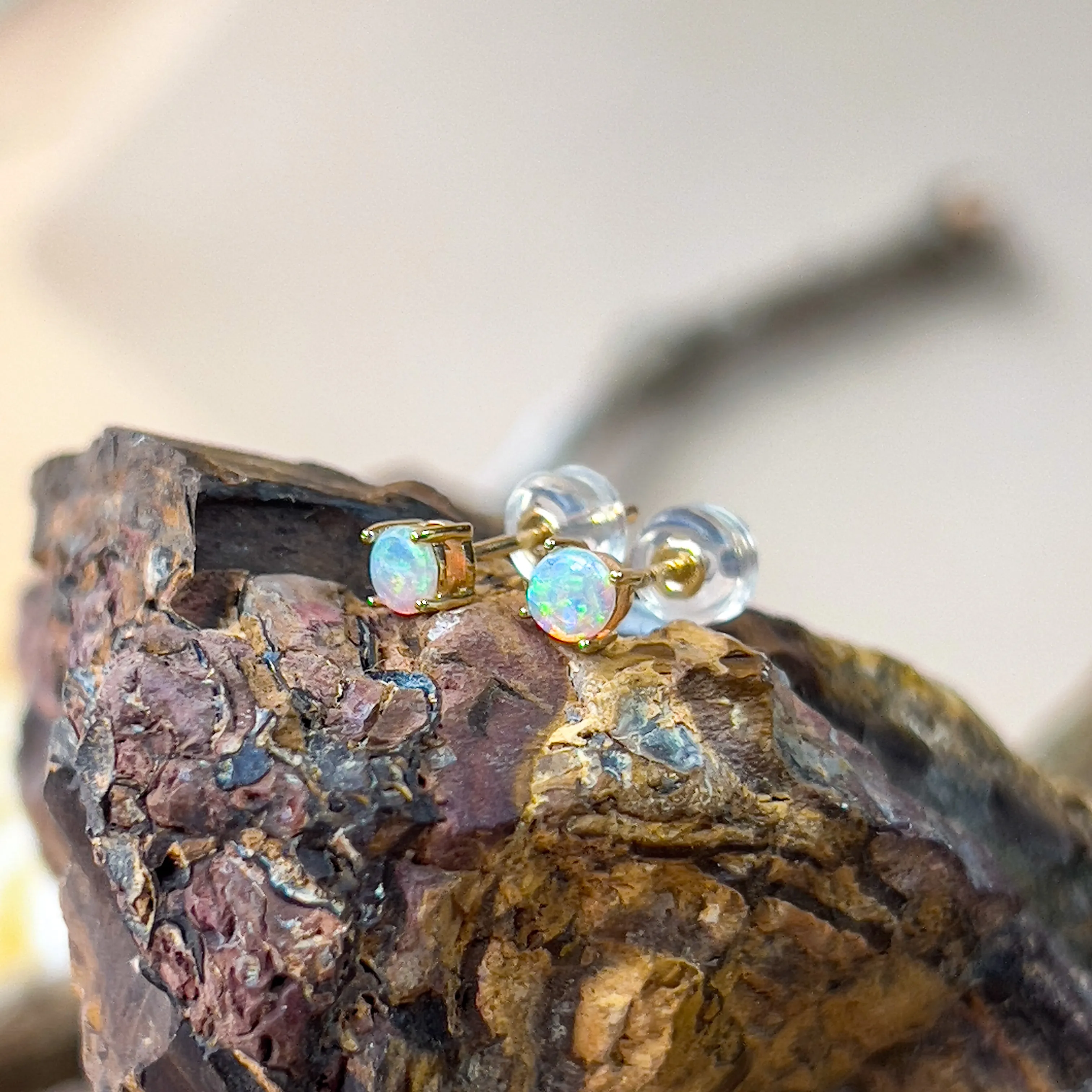 9KT Yellow Gold Crystal Opal Stud Earrings, 3.5mm, Dainty Handmade Jewelry, Cute Gift for Her, Birthstone Earrings