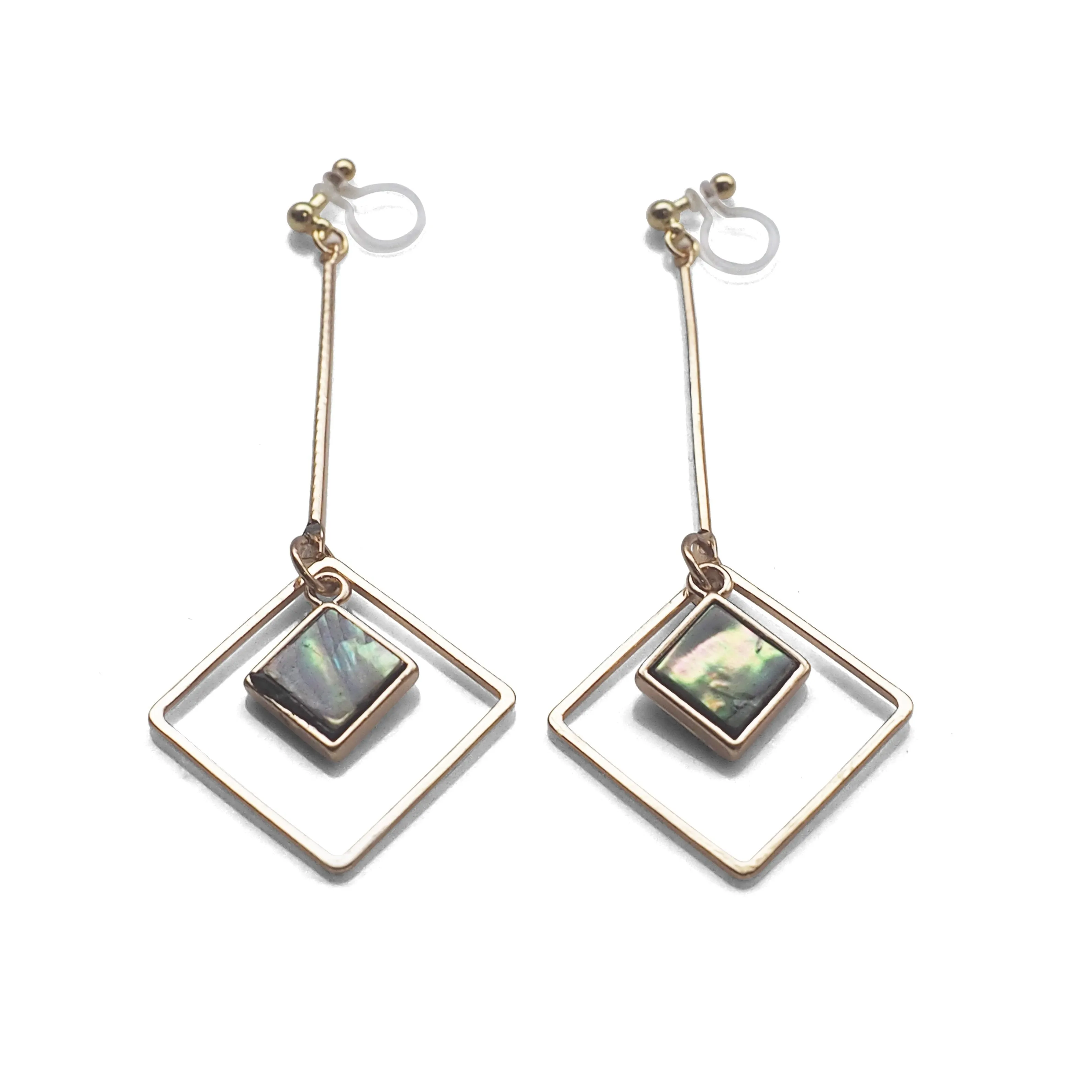 Abalone Shell and Dangle Long Square Hoop Invisible Clip on Earrings