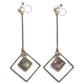 Abalone Shell and Dangle Long Square Hoop Invisible Clip on Earrings