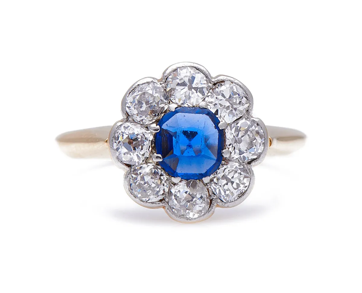 Antique Art Deco, 18ct gold, royal blue sapphire and diamond engagement ring