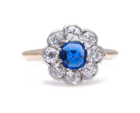 Antique Art Deco, 18ct gold, royal blue sapphire and diamond engagement ring