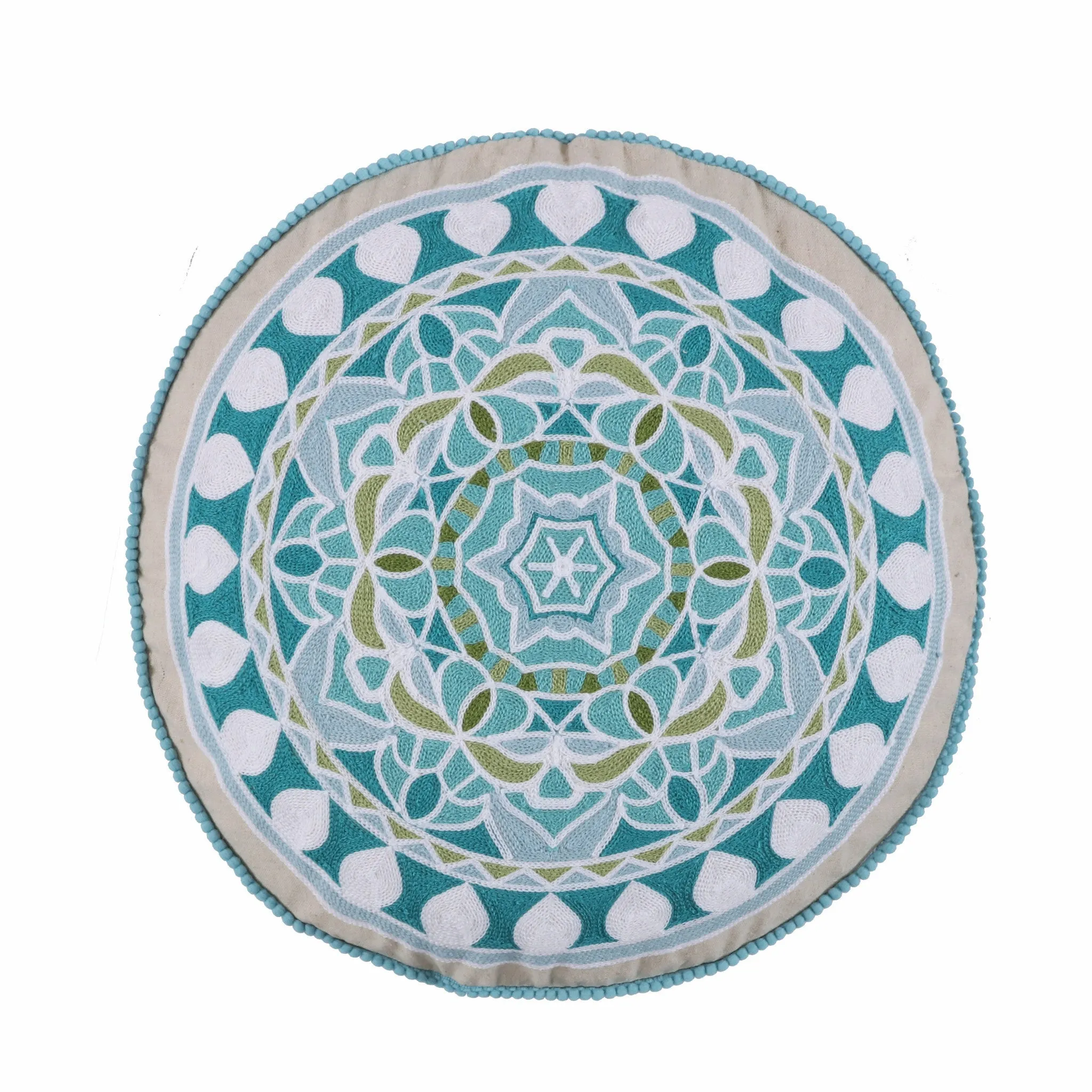 Aquamarine Round Embroidered Pillow