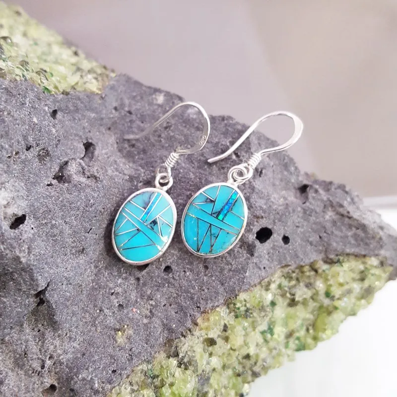 Arizona Turquoise and Inlaid Jewelry Oval Dangle Earrings