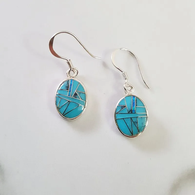 Arizona Turquoise and Inlaid Jewelry Oval Dangle Earrings