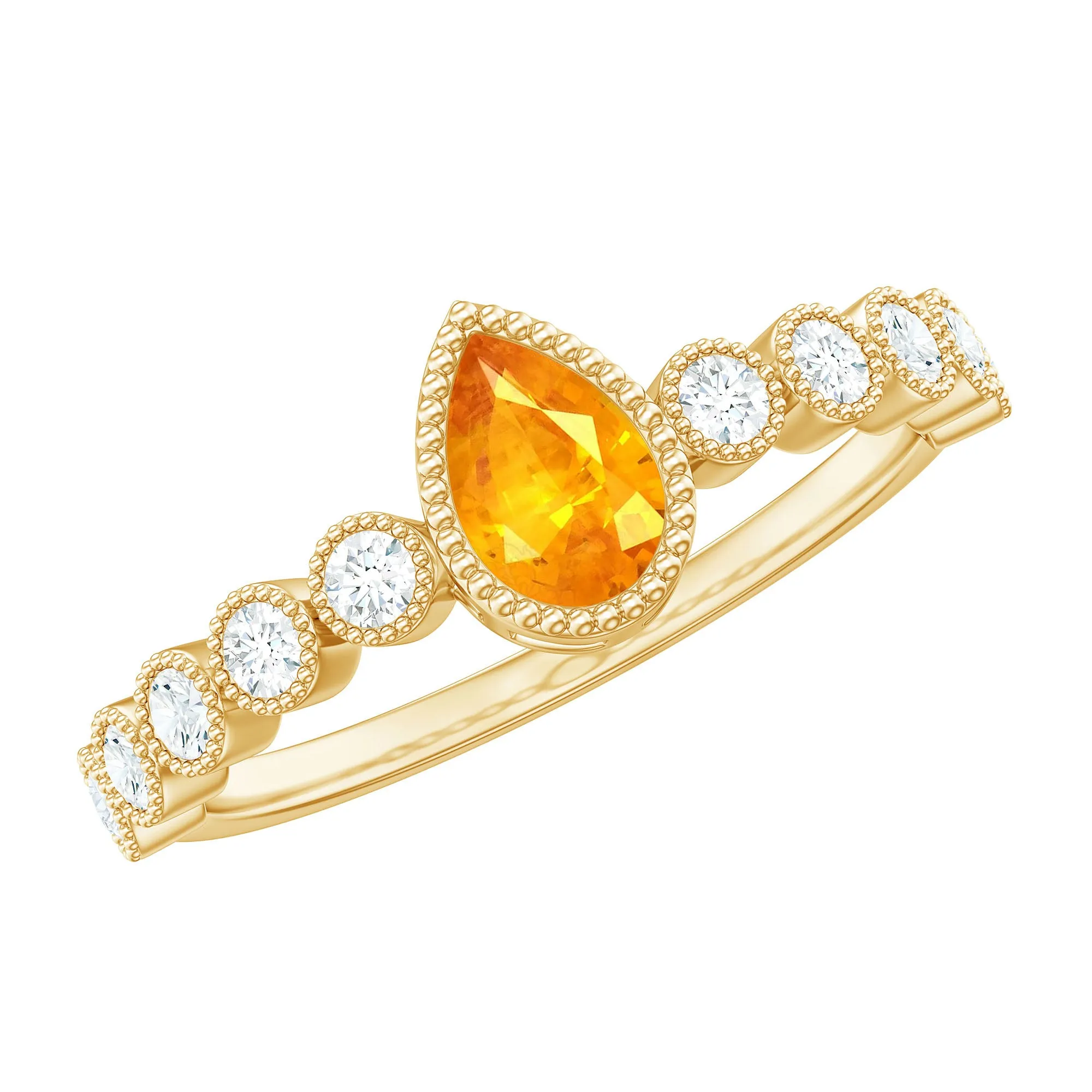 Beaded Bezel Set Pear Cut Orange Sapphire Ring with Diamond