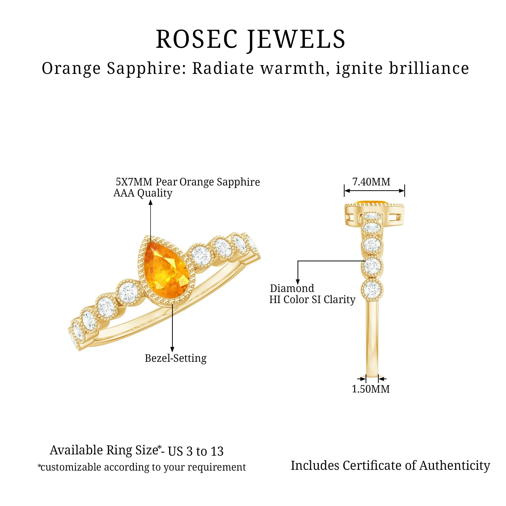 Beaded Bezel Set Pear Cut Orange Sapphire Ring with Diamond