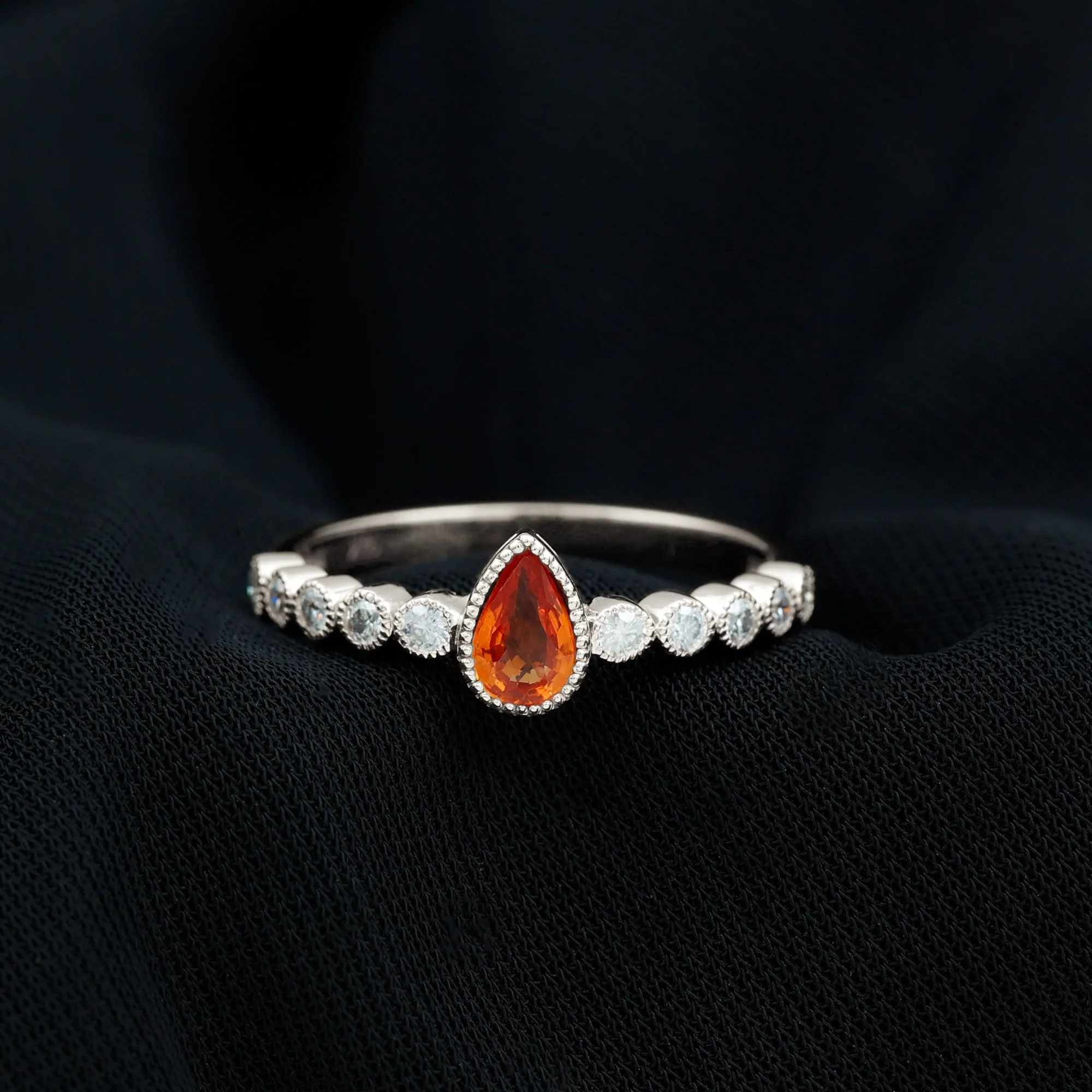 Beaded Bezel Set Pear Cut Orange Sapphire Ring with Diamond
