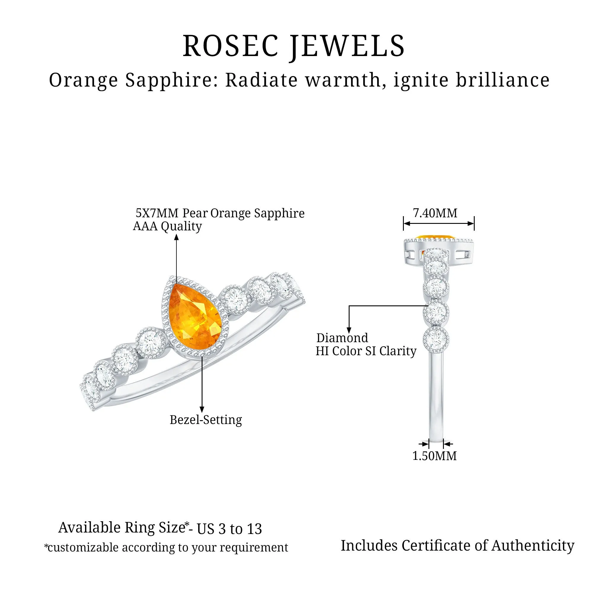 Beaded Bezel Set Pear Cut Orange Sapphire Ring with Diamond