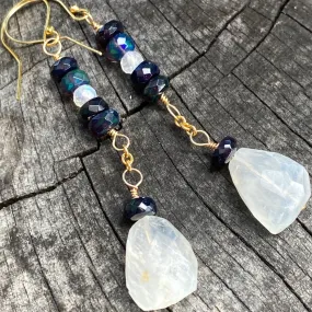Black Welo Opal & Moonstone on GF Chain Drop Earrings