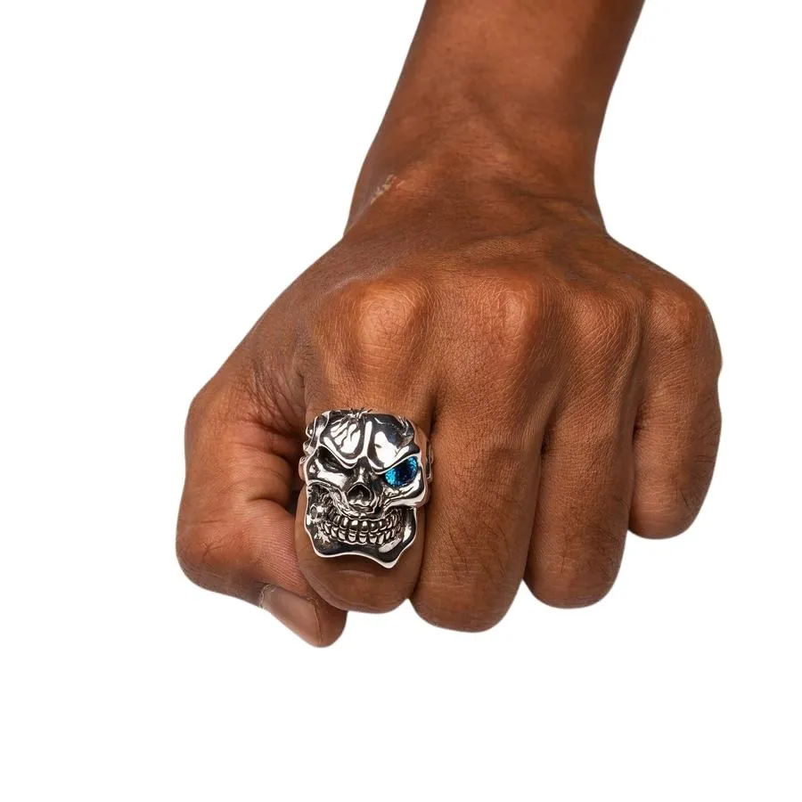 Blue Eye Silver Skull Heavy Ring