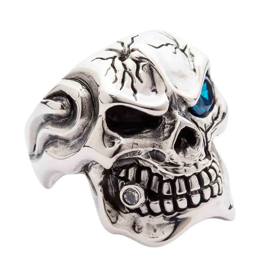 Blue Eye Silver Skull Heavy Ring