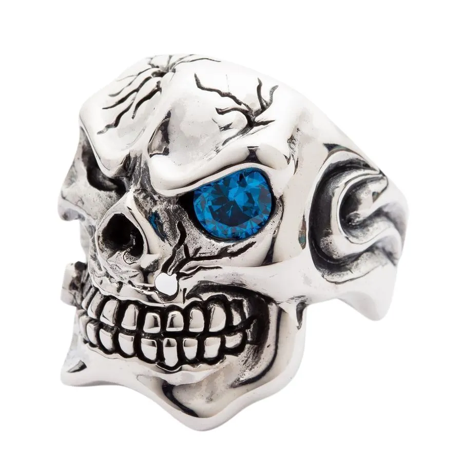 Blue Eye Silver Skull Heavy Ring