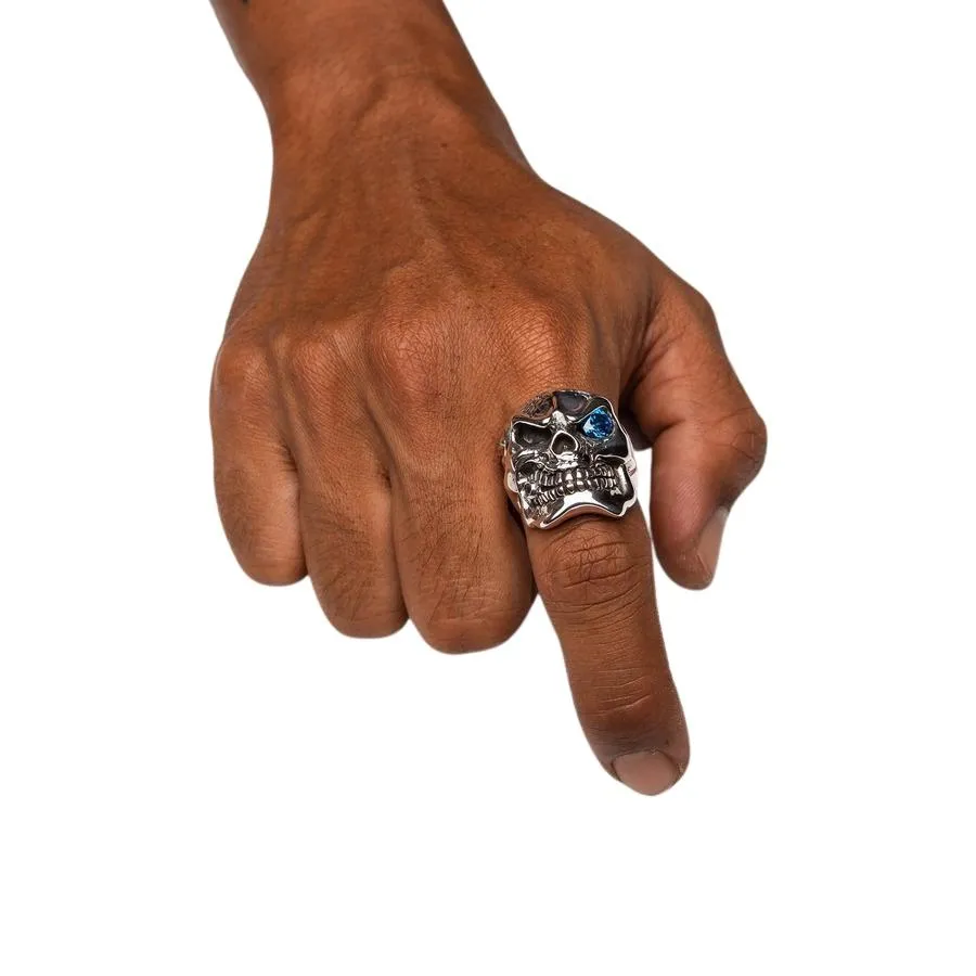 Blue Eye Silver Skull Heavy Ring